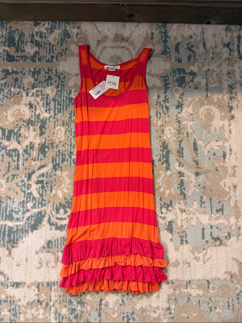 Kensie Orange & Pink Striped Ruffle-Hem Casual Dress